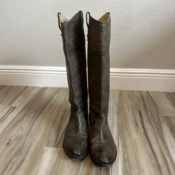 FRYE Carson Boots SZ 8.5 Tall Gray Leather Cowboy Western Riding Pull on Classic